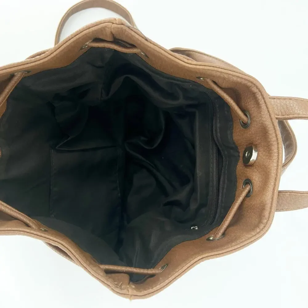 Brown Faux Leather Drawstring Mini Backpack